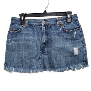 Wet Y2K Junior's Medium Wash‎ Distressed Frayed Hem Bleach Denim Mini Skirt 7/8